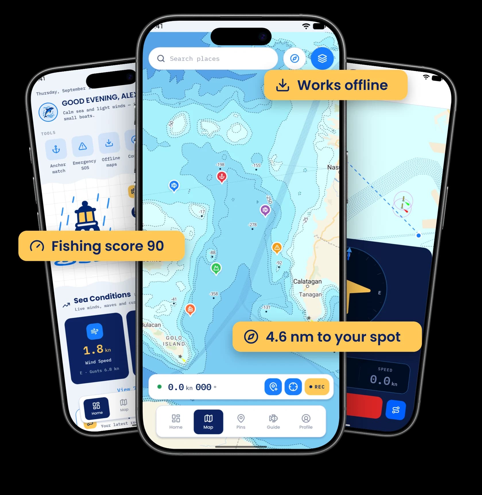 FishPin sa tatlong cellphone: ang home screen na may fishing score na 90, offline na nautical chart, at navigation papunta sa naka-save na pwesto na 4.6 nautical miles ang layo