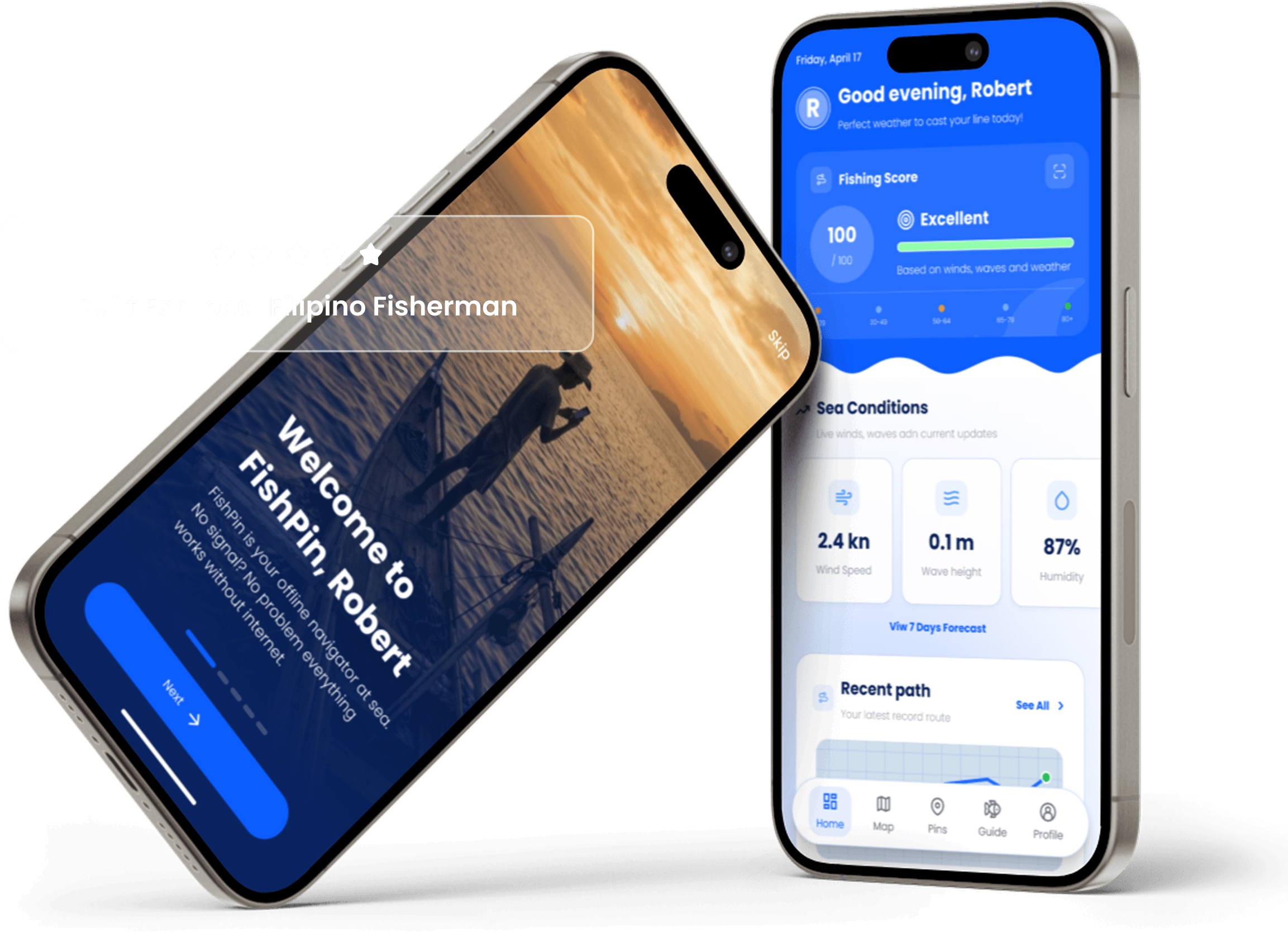 FishPin app mockup showing sign-in screens